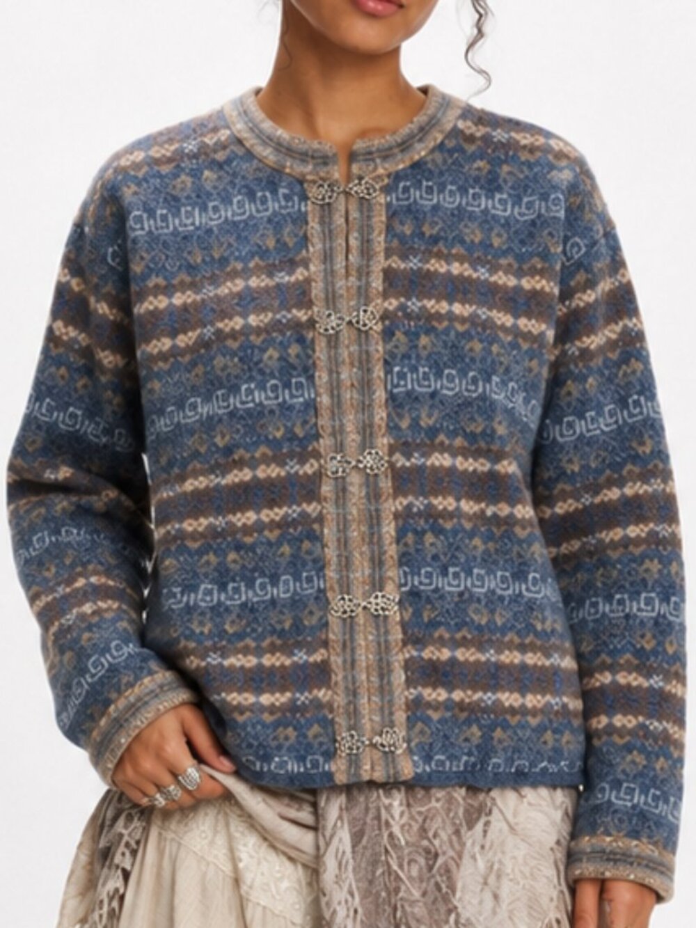 Nordic Design Wool Blend Fair Isle Nordic Toggle Cardigan Sweater Size Large